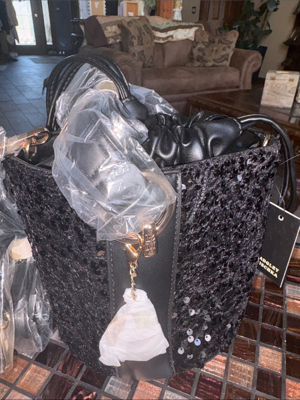 Black Sequin Bucket Bag w/ Drawstring Top, SHLDR STRAP & Crossbody strap NWT